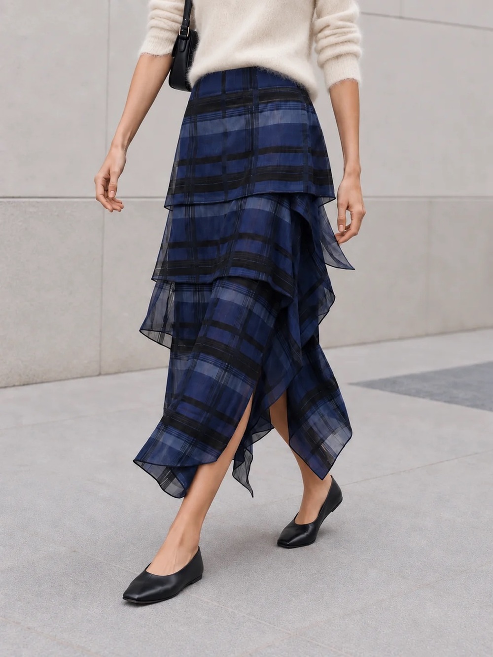 Commense Tiered Blue Plaid Asymmetrical Skirt NWT Med